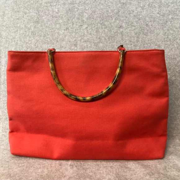 Kate Spade Canvas Purse Two Wood Handles Melon Colored Fabric - Picture 7 of 9